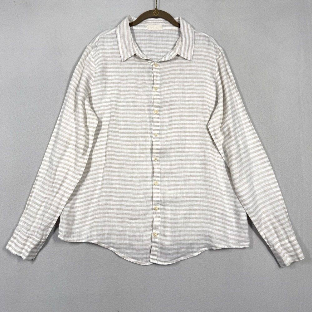 CP Shades Top Womens Large Oversized Linen Button Up Shirt Striped Lagenlook
